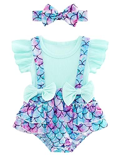 Image of UNICOMIDEA Baby Girl Romper Fashion 0-3 Months Newborn Girl Summer Clothes Ruffle Sleeves Mermaid Baby Outfit With Bownot Design Cute Blue Infant Girls Jumspuit Baby First Bodysuit
