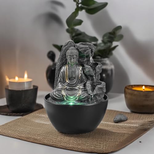 Zen'Light Revata Zimmerbrunnen, Buddha, entspannend, Wasserfall-Brunnen, Zen-Dekoration, Feng Shui, Glücksbringer, clevere und nützliche Geschenkidee, Tischbrunnen mit LED-Licht, H 18 cm