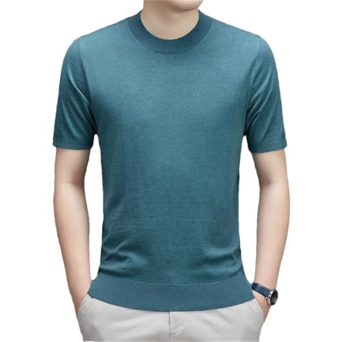 Men's Wool Knit Tees Spring Autumn Slim Short Sleeve Jumper Mock Neck Knitwear Tops