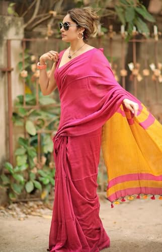 Image of Designer Cotton Saree with Floral Print Blouse, Maroon and Mint Green, Tasseled