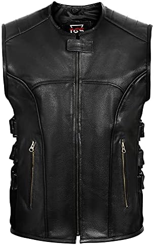 PGS Armor Motorbike Leather Vest for Men with Side Adjustable Strap Club Style Vest for Biker Lover (LARGE), Black