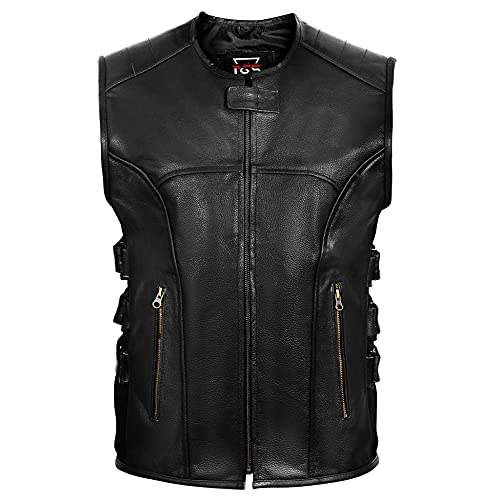 Pgs Armor Motorbike Leather Vest For Men With Side Adjustable Strap Club Style Vest For Biker Lover (Large), Black #TOP2