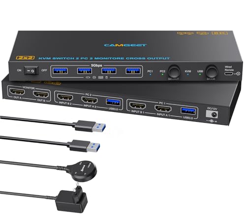 【Modalità switch USB & KVM Switch Mode Cross Display】 camgeet KVM Switch 2 PC 2 monitor Uso come switch USB: in modalità USB è possibile controllare mouse e tastiera PC1 o PC2. Uso come switch KVM: in modalità KVM sono supportate la modalità mirroring e la modalità avanzata. In modalità avanzata, è possibile emettere due schermi diversi e due schermi identici in modalità specchio. È possibile passare dalla modalità switch KVM alla modalità switch USB in qualsiasi momento