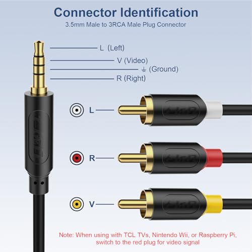 J&D 3.5mm to RCA AV Cable, Audio/Video Transmission, 1/8\" TRRS to 3 RCA Male Plug AUX Cable Cord, Compatible with Sony TV, DVD Player, Camcorder, Handycam, 5 ft - Thumbnail 2