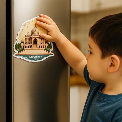 Image of Naxon Akshardham Delhi Theme Souvenir Wooden Fridge Magnet for Refrigerator - Printed Fridge Magnet for Kitchen & Home Decor | Perfect Souvenir Gift | Size 3x3 in | Pack of 1