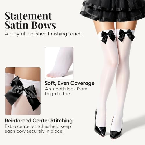 Image of Women's White Thigh-High Stockings with Satin Bows, Stay-Up Socks