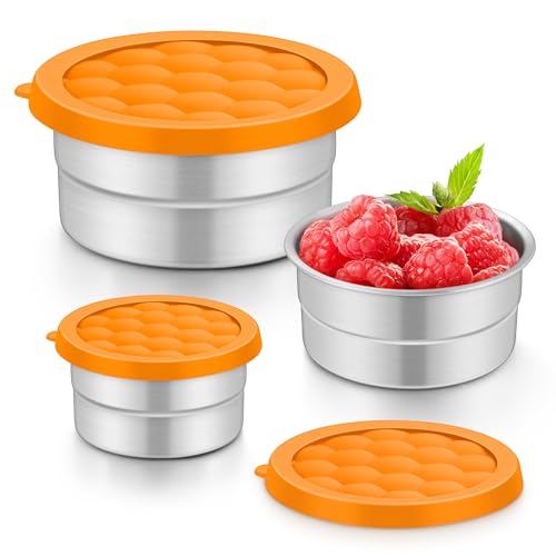 TeamFar Stainless Steel Snack Containers for Kids, (3oz, 6oz, 12.85oz) Leak-proof Round Food Container with Silicone Lid, Metal Lunch Box for Toddlers...