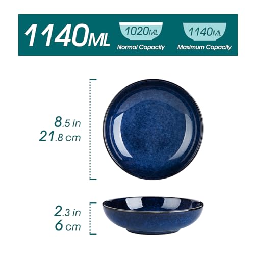 vancasso Stern 38 oz/1140 ml Ceramic Pasta Bowl Set of 4, Large Salad Bowls for Serving, Microwave Oven Safe Soup Bowls for Kitchen, Blue Stoneware Bowl Set