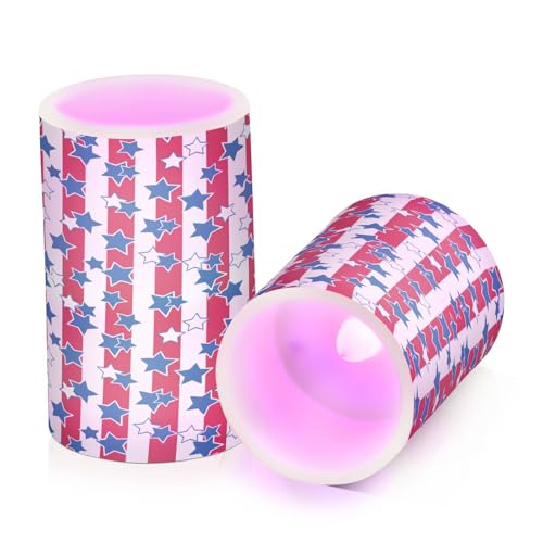 Image of American Flag USA 4th July Red White Blue Star Stripe Flickering Flameless Candles Battery Operated Remote Timer,Tea Light Candles LED Pillar Votive Candles set of 2 for Outdoor Indoor Decoration