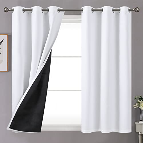 Image of YoungsTex White 100% Blackout Curtains for Small Window 40 Inches Length, Double Layer Full Light Blocking Noise Reduce Bedroom Curtains, 2 Panels, 42 X 40 Inch