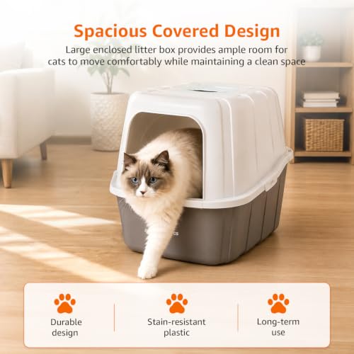 Image of Amazon Basics Semi Enclosed Cat Litter Box | Large Litter Tray | Easy Clean Cat Washroom for Indoor Cats | Brown + White | 38 X 40 X 48 cm | Suitable for Kittens & Cats