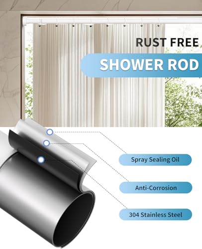 Image of White Shower Curtain Rod 34-82 Inches(2.8-6.8ft) Adjustable Shower Rod No Drilling Non-slip Never Rust Shower Tension Rod for Bathroom Bedroom Windows Outdoor Garden