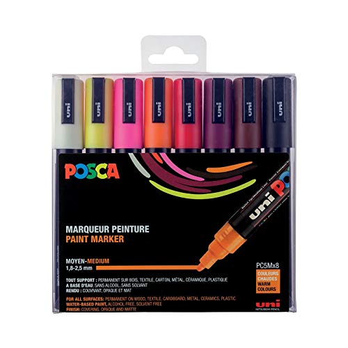POSCA Mitsubishi Pencil - 8 Marqueurs PC5M - Pointe Conique - Couleurs Chaudes Pointe Moyenne - Marqueurs Peinture à Base d'Eau - Tout Support - Pour Papier,...