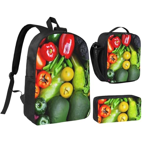 fresh vegetables fruits print Shoulder Bookbags Lunch Bag and Pen Case 17 inches Backpack with Lunch Box, Cute Bookbag Set