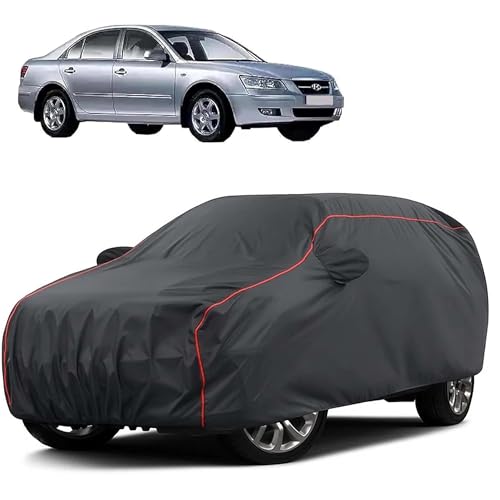 Image of Sulfar 100% Water Resistant Car Body Cover Compatible with Mirror for Hyundai Sonata Embera (Triple Stitched, Full Bottom Elastic, Dark Grey Taffeta with Red Piping)