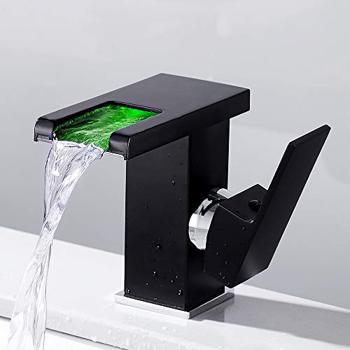 Lavabo cascade LED 3 couleurs Robinet de salle de bain Mitigeur monocommande Robinets de lavabo Noir pour salle de bain cuisine