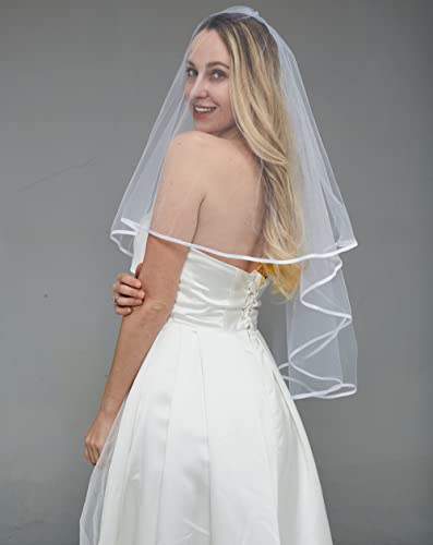 White Bridal Veil 2 Tier Veil with white binding and Satin Sash Wedding Veil Bachelorette Party Bridal Shower - Thumbnail 5