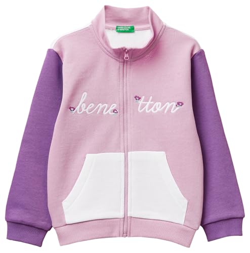 Felpa aperta con tasca davanti, rib su collo, polsi e fondo. Grafiche a più colori con glitter. Regular fit.