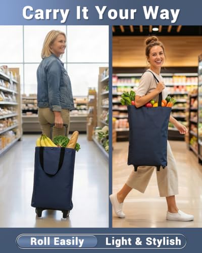 Image of Rolling Shopping Bag, Small Collapsible Shopping Cart with Wheels(Blue)