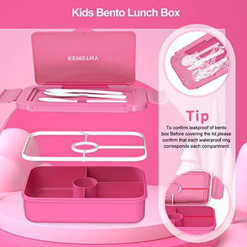 Kemethy Bento Lunch Box For Kids, 4 Compartment Lunch Box Kids, Leak Proof Lunchbox With Tableware For Kids Lunch Boxes For School, Microwave/Dishwasher/Freezer Safe, Bpa-Free And Reusable, Pink #TOP4