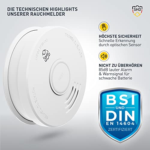 SHD Rauchmelder Set wechselbare Batterien (6X) - DIN EN14604 Geprüft & BSI-Zertifiziert,...
