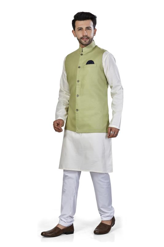 Be Active Men's Solid Linen Blend Kurta Pyjama 3 Piece Set || Men Kurta Pajama With Modi Jacket || Kurta Pajama Nehru Jacket For Men (N-Rfset0014-1-S)