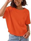 Yeokou Women Short Sleeve Sweater Crewneck Knit Pullover Top Loose Summer Casual Crochet Blouse Shirt(Orange-L)