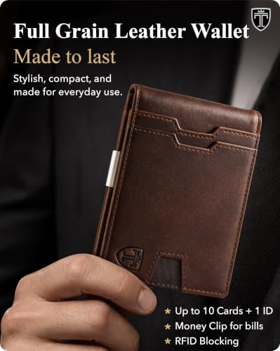 Image of TRAVANDO Money Clip Wallet - RFID Protected Leather Wallet for Men for 11 Cards - including Gift Box (Brown Vintage)