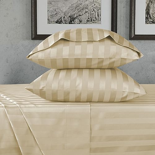 URBANHUT 800 Thread Count Egyptian Cotton Damask Striped Full Size Sheets Set (4 Pc) - Ultra Soft & Smooth, Sateen Weave Full Size Bed Sheets, Luxury Hotel Sheets with 16" Deep Pocket - Sand