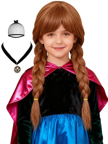 Half and Half Brown Braid Princess Wig + Necklace Set Long Red Brown Twin Braids Pigtails Wigs Queen Costume Wig for Halloween Party Daily