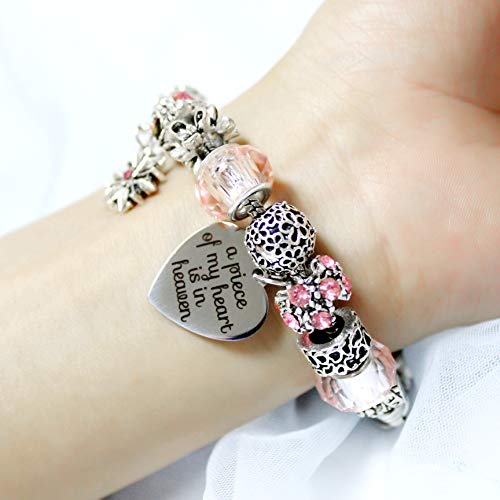 Uloveido Silver Tone Love Snake Chain Pink Crystal Beaded Charm Bracelet With Extender A Piece Of My Heart Is In Heaven Memorial Jewelry Y807 (Pink) #TOP1