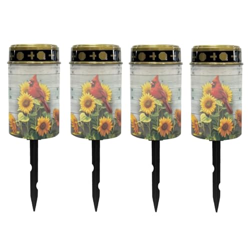 Image of Poceacles Cardinal Sunflower Wood Grain Solar Lights Outdoor Solar Powered Outdoor Cemetery Stake Candle Grave Solar Lamp Landscape Lighting Waterproof Grave Flameless Candle, Pack of 4