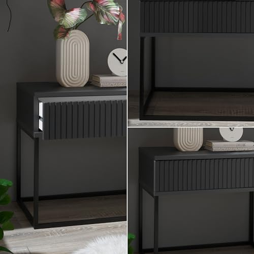 MARLE Nachttisch in Graphit - Moderner Nachtschrank mit Schublade und schwarzem Metallgestell - 60 x 52 x 38,5 cm (B/H/T)