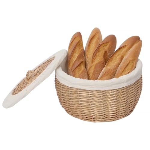 Wicker Bread Basket Serving with Lid & Removable Lining, Sourdough Proofing Basket,Eco-friendly Bread Storage basket Ideal for Picnics & Dining(Round)