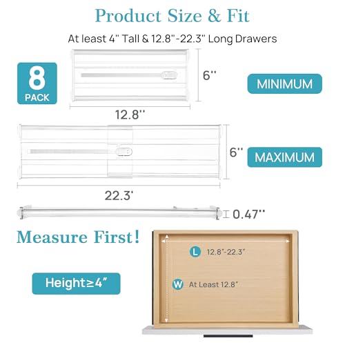 Vtopmart 8 Pack Drawer Dividers for Clothes, 6" High 12.8"-22.3" Adjustable Expandable Dresser Drawer Organizer, Clear Plastic Separators for Dresser, Baby Clothing, Underwear, Cosmetic, Toiletries - Image 3
