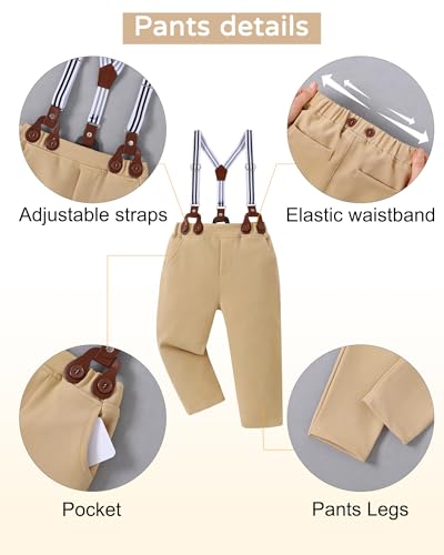 Image of YALLET Toddler Baby Boy Clothes Suit Gentleman Wedding Outfits Formal Dress Shirt+Bowtie+Suspender Pants