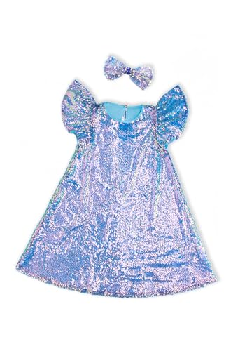 Girls Sequin Dress Shiny Short Flutter Sleeve Midi Sparkly Party Dress with Hairbow2