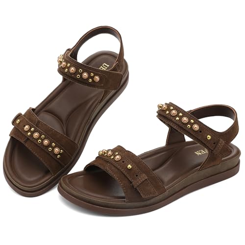 Image of UBFEN Womens Flat Sandals with Adjustable Back Strap, Arch Support | Beaded, Open Toe, Slingback, Casual, Comfortable for Walking, Vacation and Travel