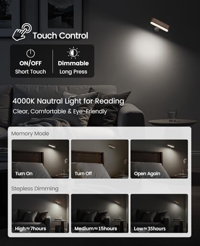 Image of Wood LED Wall Sconce Magnetic 360Rotate Wall Mounted Lamp Brightness Adjustable Night Lights Rechargeable Battery Powered Reading Light for Bedside Hallway Living Room (1 Pack Black Walnut)