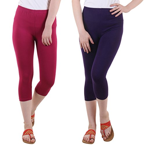 Image of DIAZ Women Cotton Stretchable Capri | Slim /Regular Fit | Breathable Yoga, Gym & Lounge Wear | High-Waist Stretchable 3 /4 Length Leggings with Wide Waistband - Pack of 2