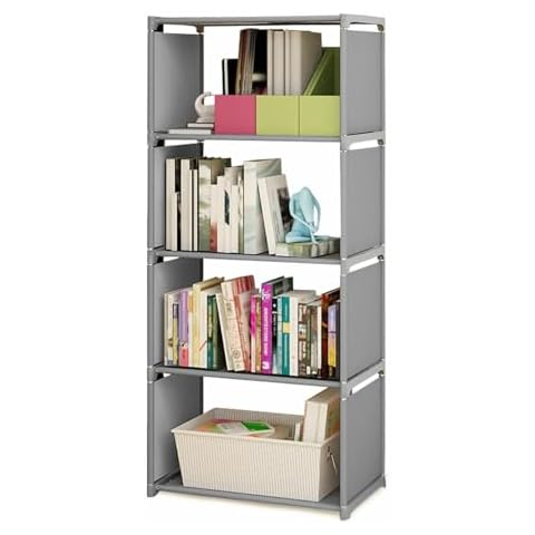 DRTONK 4-Shelf Portable Bookshelf, Bookcase Clothes Storage Shelf Wall Mounted Shelf Storage Cabinet Display Shelf Lightweight Unit Living Room, Study, Bedroom, Black Cover
