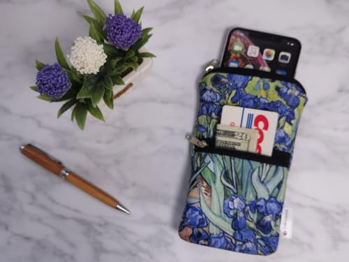 Image of Tainada Dual Zipper Neck Phone Holder Pouch w /Belt Loop (Van Gogh Irises) | For Men /Women; Water-resistant neoprene material, shockproof, lightweight, w /carabiner; Compatible with most of smartphones