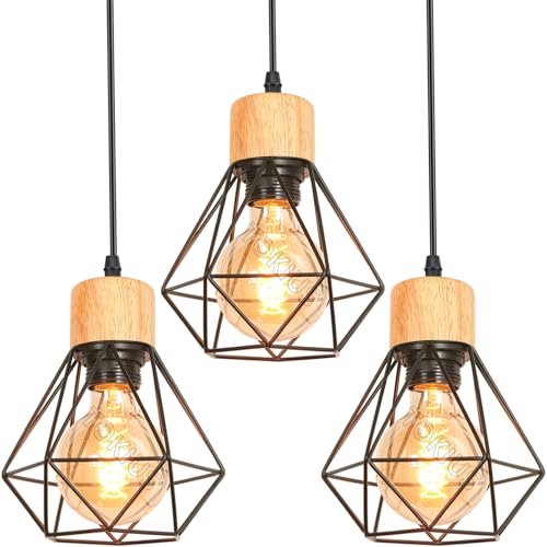 TOKIUS Lot de 3 Suspensions Luminaires Vintages Industrielles Lustres Abat-jour en Métal et Bois Ø160mm Plafonnier E27 avec Bois Rétro Pour Salon Cuisine Chambre...