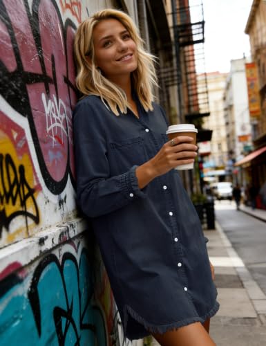 Image of Zilcremo Women Denim Dress Long Sleeve Button Down Jean Shirt