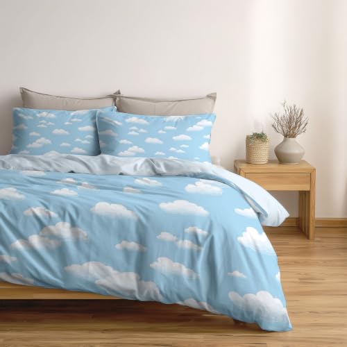 Housse de Couette 90x190cm Bleu Clair Parure de Lit Enfant Nuages 2 Pièces - 4