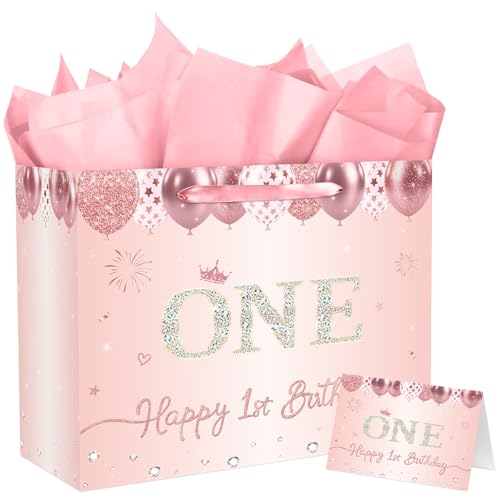 JCTHKUKU Large 1st Birthday Gift Bag for Baby, Pink Rose Gold One Gift Bag with 3 Tissue Paper, Happy 1st Birthday Party Favor Card for Baby Girl, First Birthday Decorations