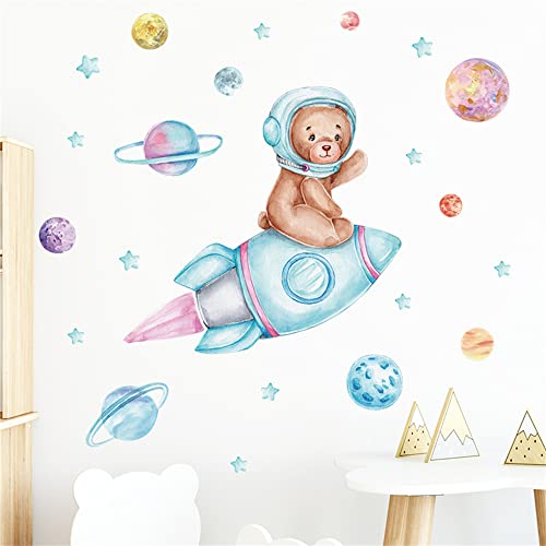 Super Cute Bear Astronauts Rocket Wall Decals, Removable Pvc Universe Space Wall Stickers For Bedroom Living Room Kid's Room Kindergarten, Art Window Door Cabinet Corridor Wall Decor Murals (Bear Astronauts Rocket) #TOP1