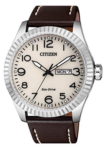 Herren Analog Eco-Drive Uhr mit Leder Armband Braun Zifferblatt Ivory BM8530-11XE