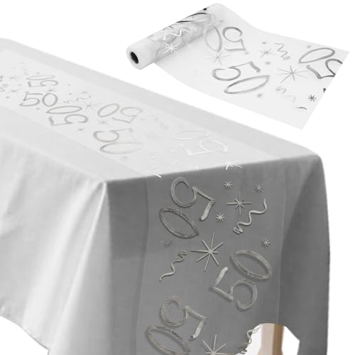 ddckj Chemin de Table Anniversaire 50 Ans 28CM x 10M Chemin de Table Joyeux Anniversaire Deko Argent pour 50 Femme Homme Décoration Fête Table Fille Garçon...