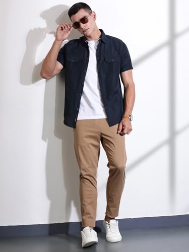 Image of Thomas Scott Men's | Solid | Half Sleeve | Slim Fit | Linen Blend | Double Flap Pocket | Spread Collar | Casual Shirt for Men